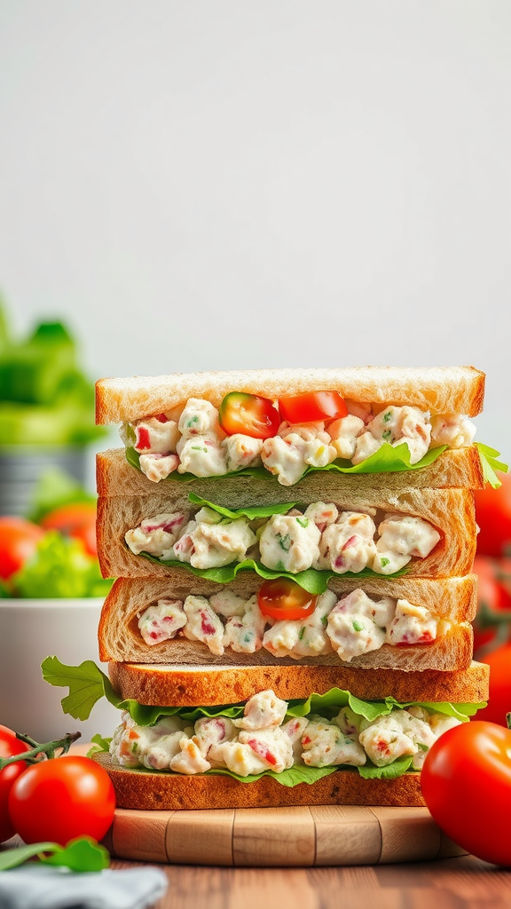 Stacked ham salad sandwiches with lettuce and tomatoes