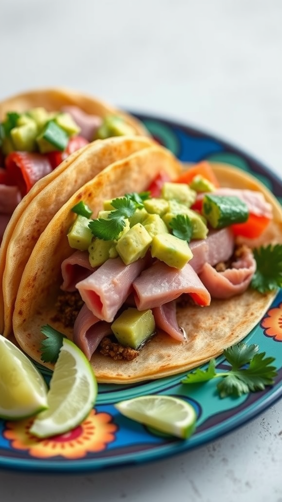 Ham tacos topped with avocado salsa on a colorful plate
