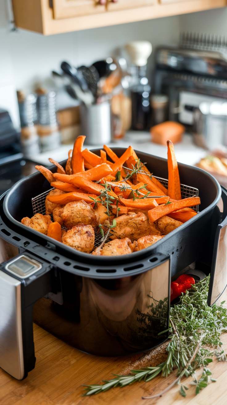 Air fryer filled with crispy sweet potato fries and seasoned chicken bites, surrounded by fresh herbs.