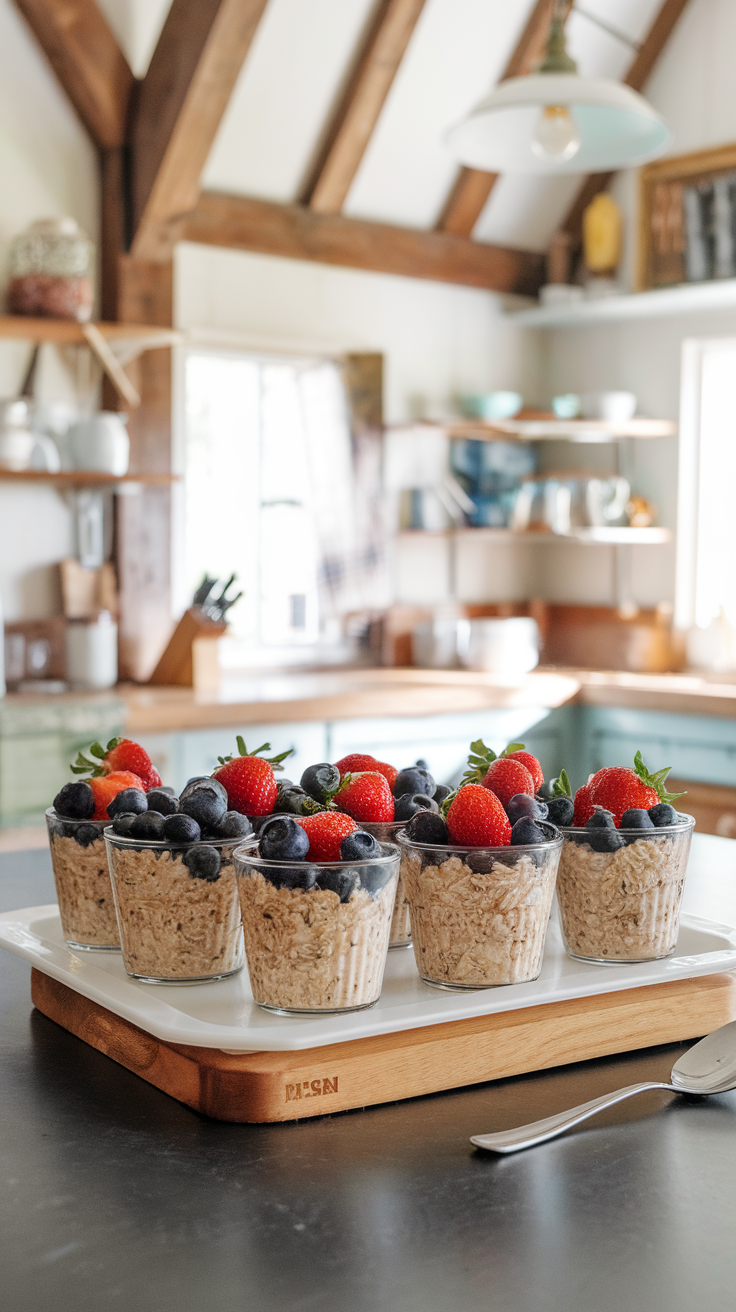 Oatmeal meal prep cups with berries on a wooden tray in a cozy kitchen.