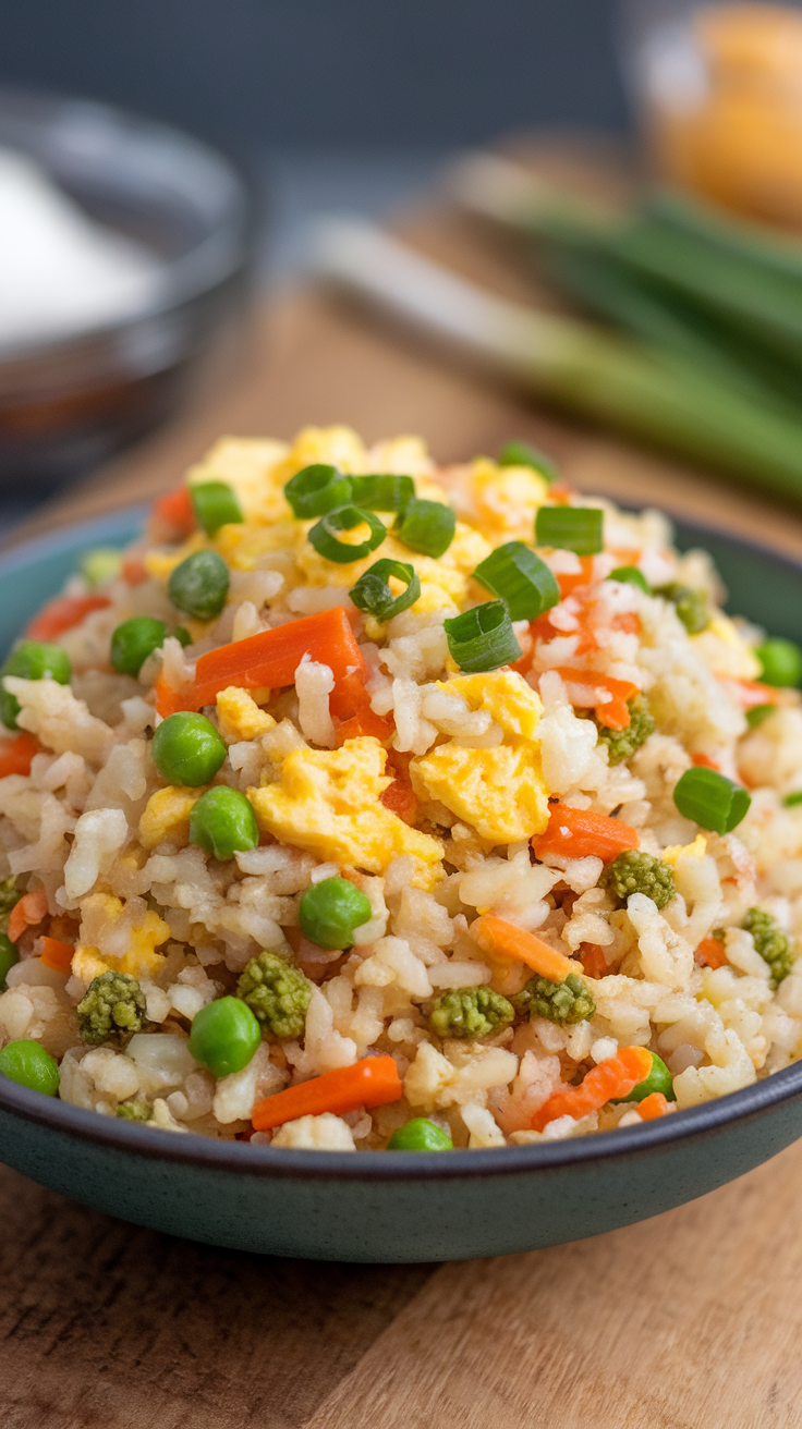 A colorful bowl of healthy cauliflower fried rice topped with green onions.