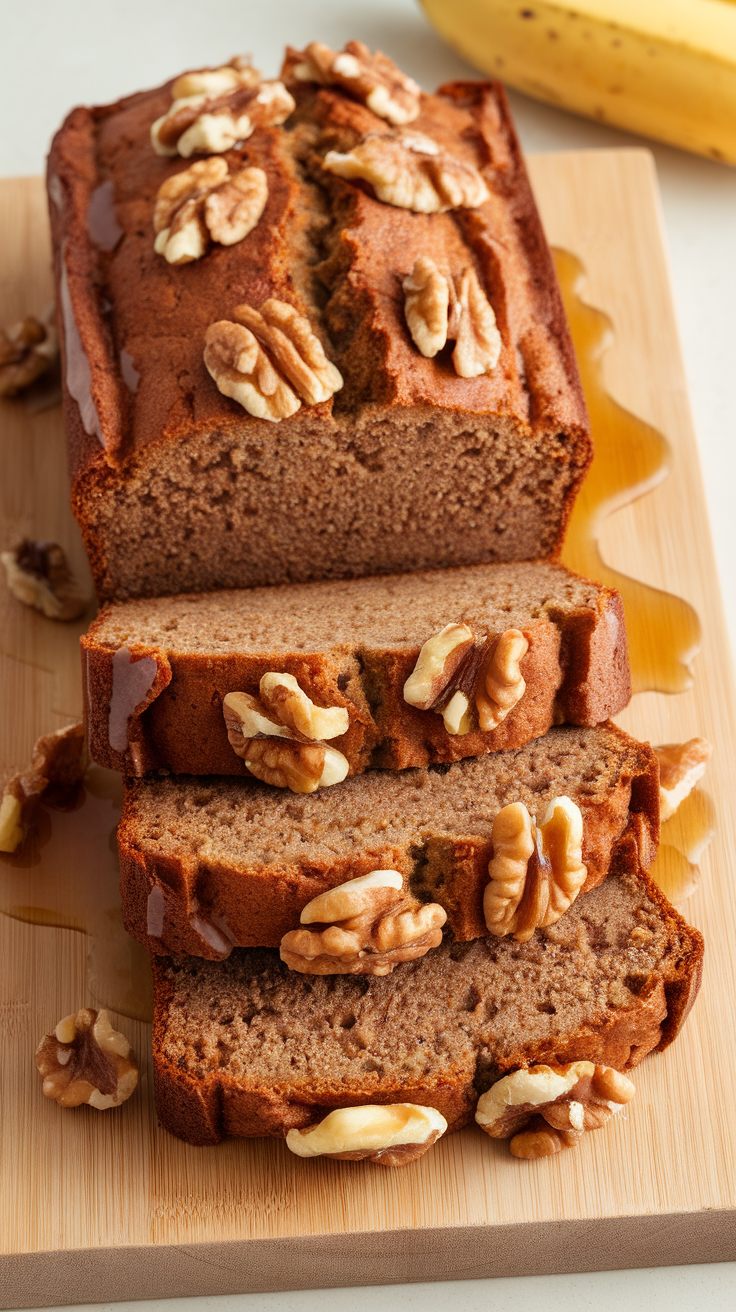 Slices of healthy flourless banana bread topped with walnuts on a wooden board