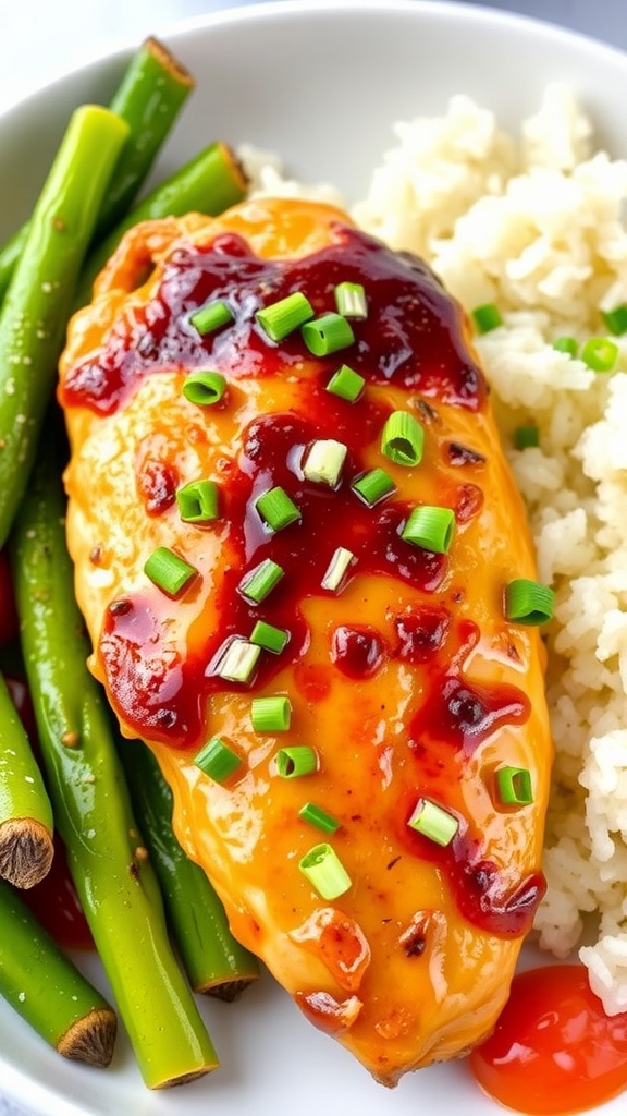 Honey garlic chicken breast on a plate with vegetables and rice, garnished with green onions.