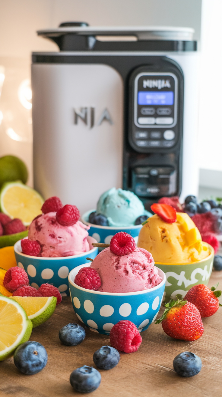 Colorful bowls of ice cream and sorbet made with a Ninja Creami.