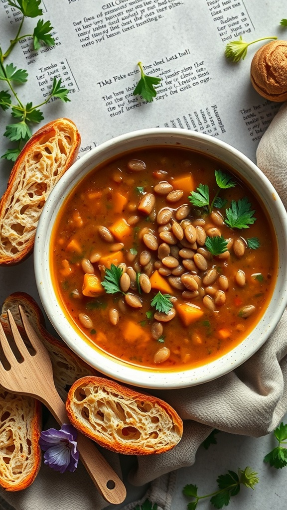 A bowl of hearty lentil soup garnished with parsley and served with bread.