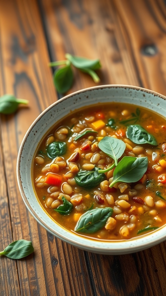 A bowl of hearty lentil soup with spinach, featuring colorful vegetables.