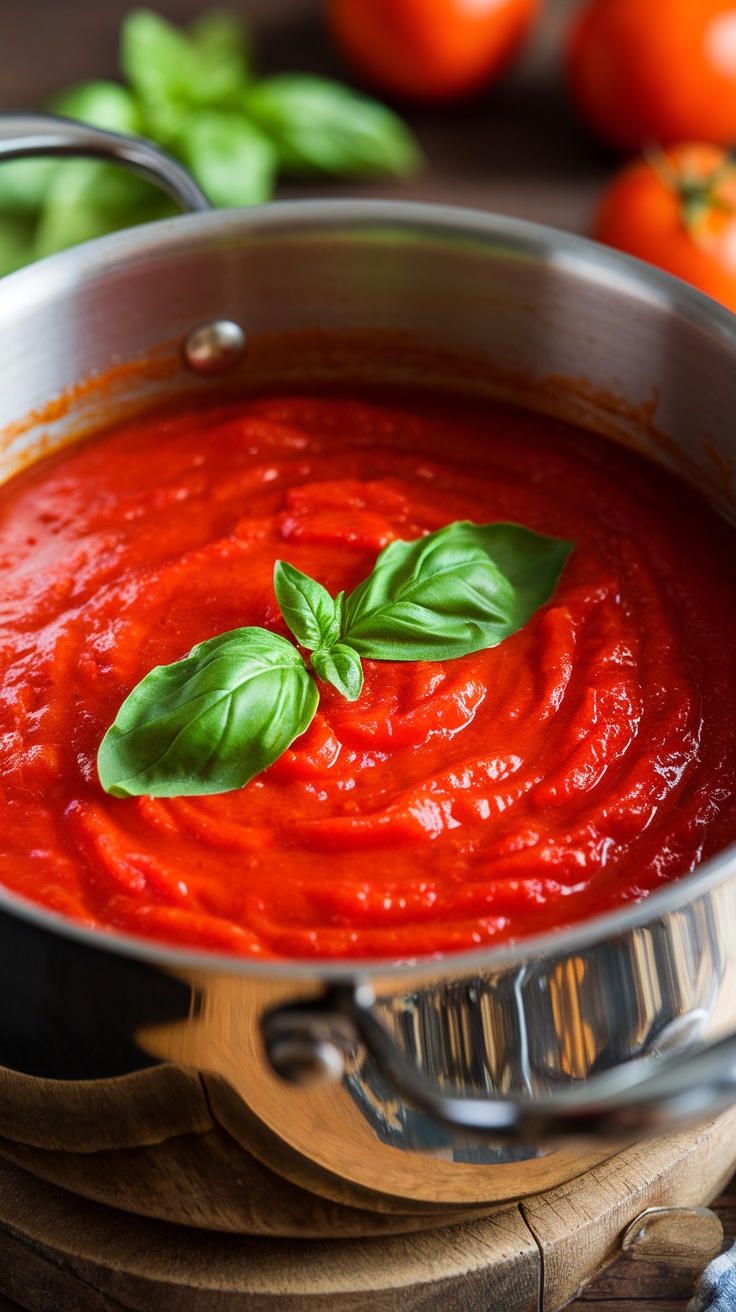 A pot of hearty tomato basil sauce garnished with fresh basil