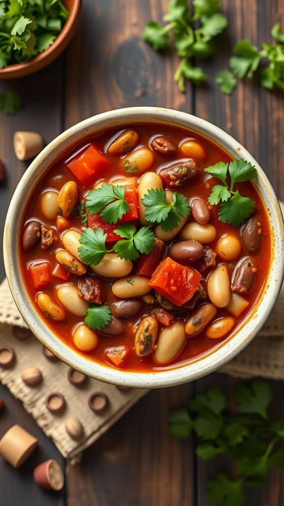 A bowl of hearty vegan chili topped with fresh cilantro, surrounded by chopped vegetables.