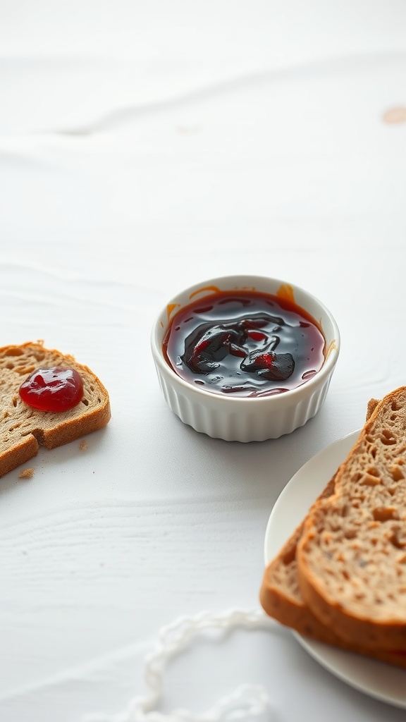 Slices of whole wheat bread with a small dish of jam.