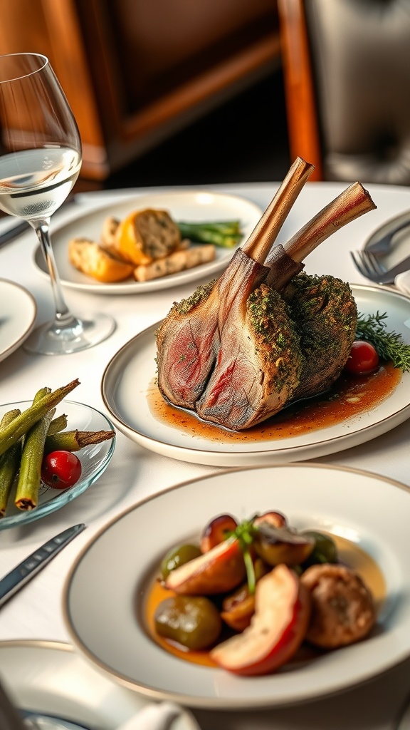 A beautifully plated herb-crusted rack of lamb, served with vegetables and garnished elegantly.