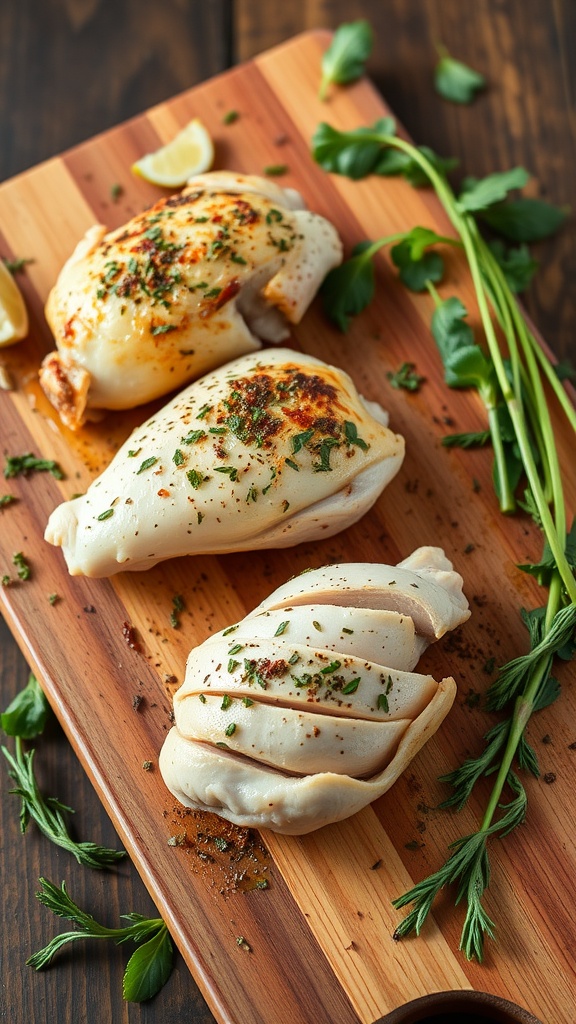 Herb roasted chicken thighs on a wooden cutting board with fresh herbs and lemon slices