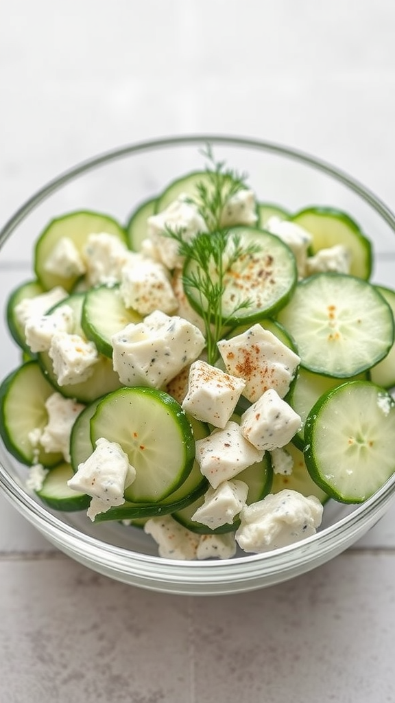 A bowl of herbed cottage cheese mixed with cucumber slices, garnished with fresh dill.