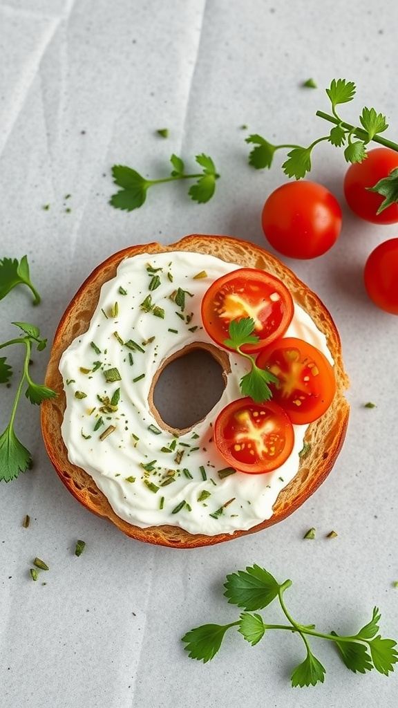 A toasted bagel topped with herbed cream cheese and cherry tomatoes, garnished with fresh herbs.