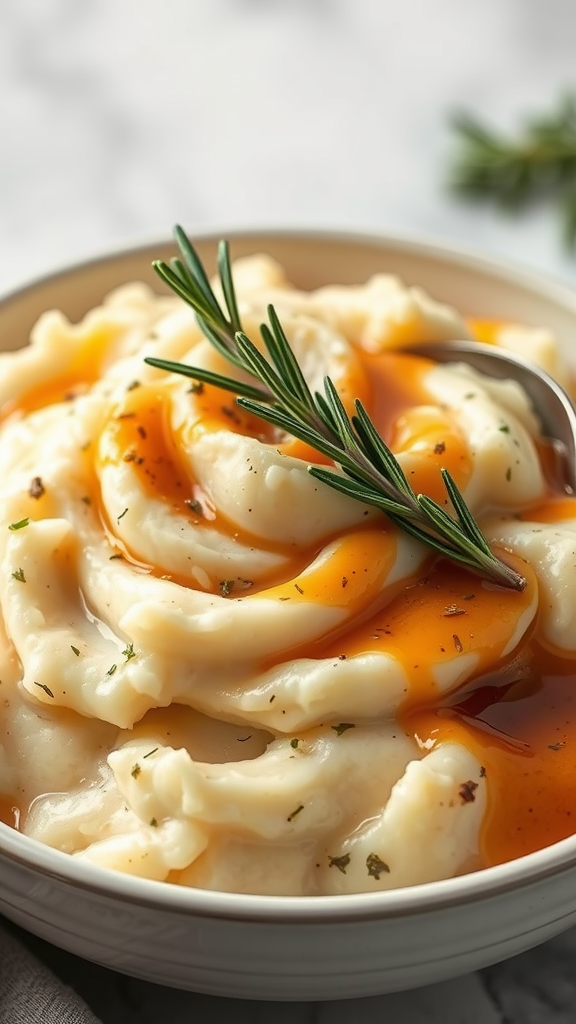 A bowl of creamy herbed mashed potatoes topped with a sprig of rosemary.