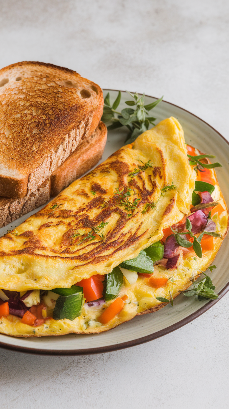 A herbed omelette filled with colorful veggies served with toasted bread.