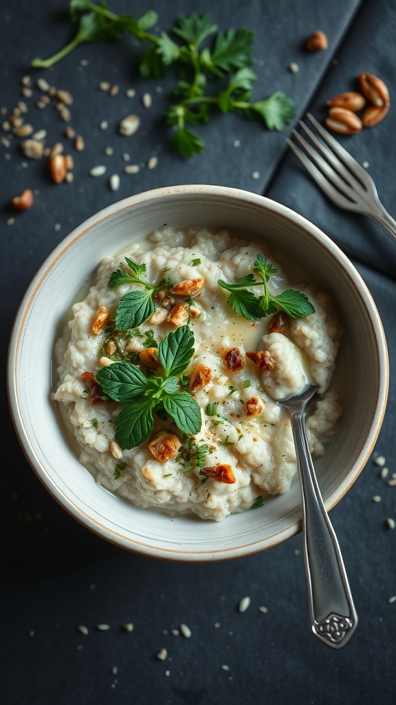 Bowl of herbed savory oatmeal topped with fresh herbs and nuts