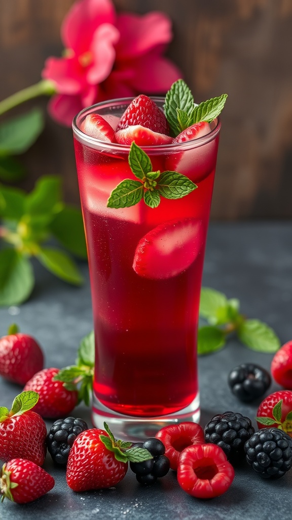 A refreshing glass of hibiscus berry iced tea garnished with mint and fresh berries.