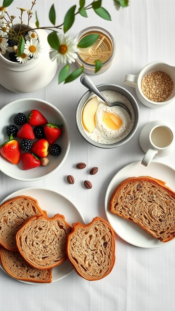 A breakfast spread featuring fruits, yogurt, oatmeal, and whole grain bread.