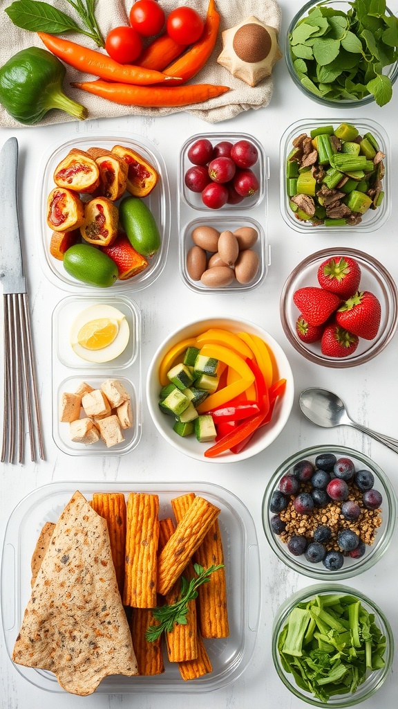 A variety of colorful fruits and vegetables arranged on a table, showcasing high fiber foods.