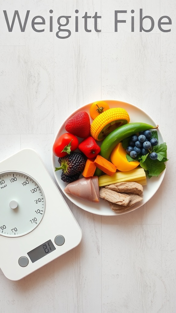 A plate of colorful fruits and vegetables next to a scale showing weight.
