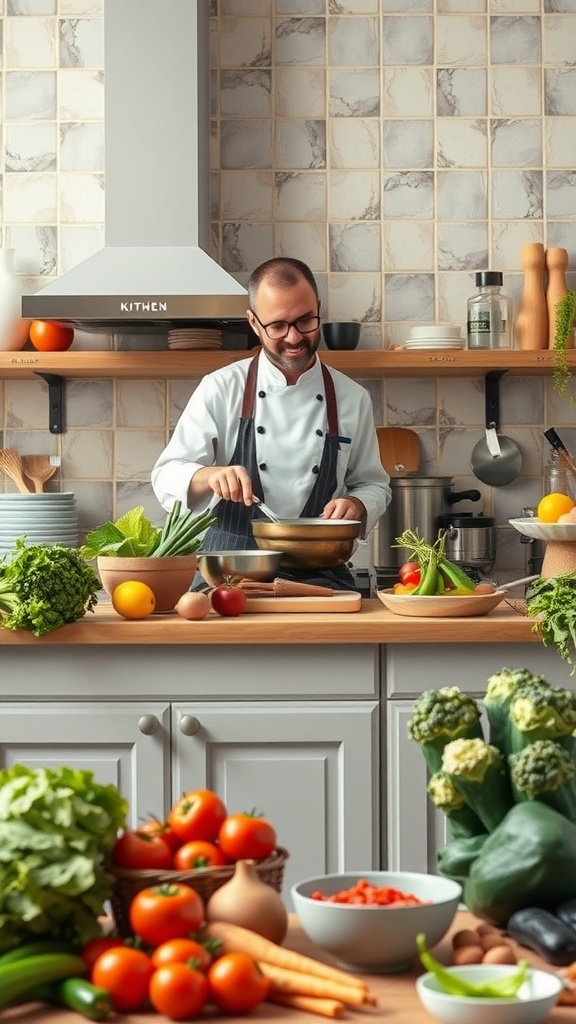 A chef preparing healthy dishes with various vegetables and fruits in a kitchen.