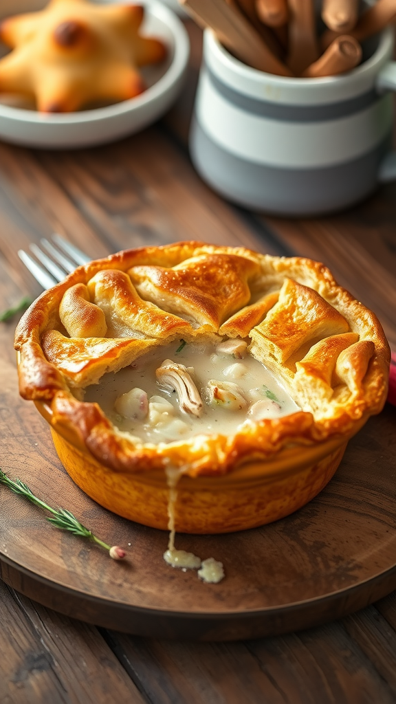 A delicious homemade chicken pot pie with a golden crust and creamy filling, served in a rustic bowl.