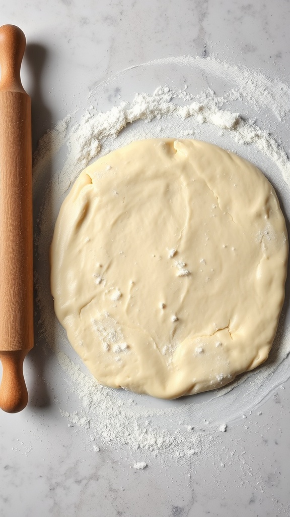 A prepared ball of pasta dough ready to be rolled out, with flour scattered on the surface.