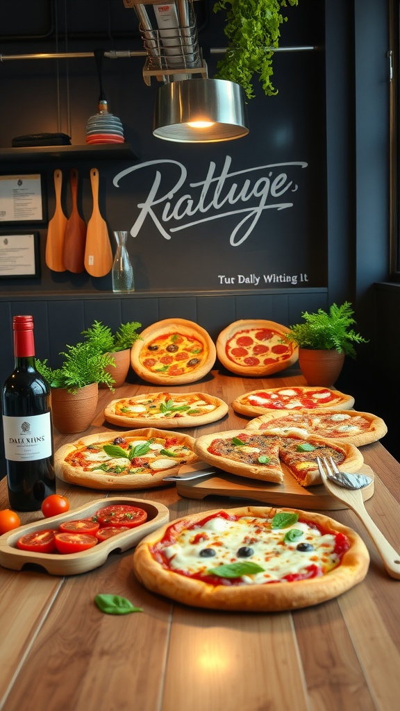 Delicious homemade pizzas with various toppings on a wooden table