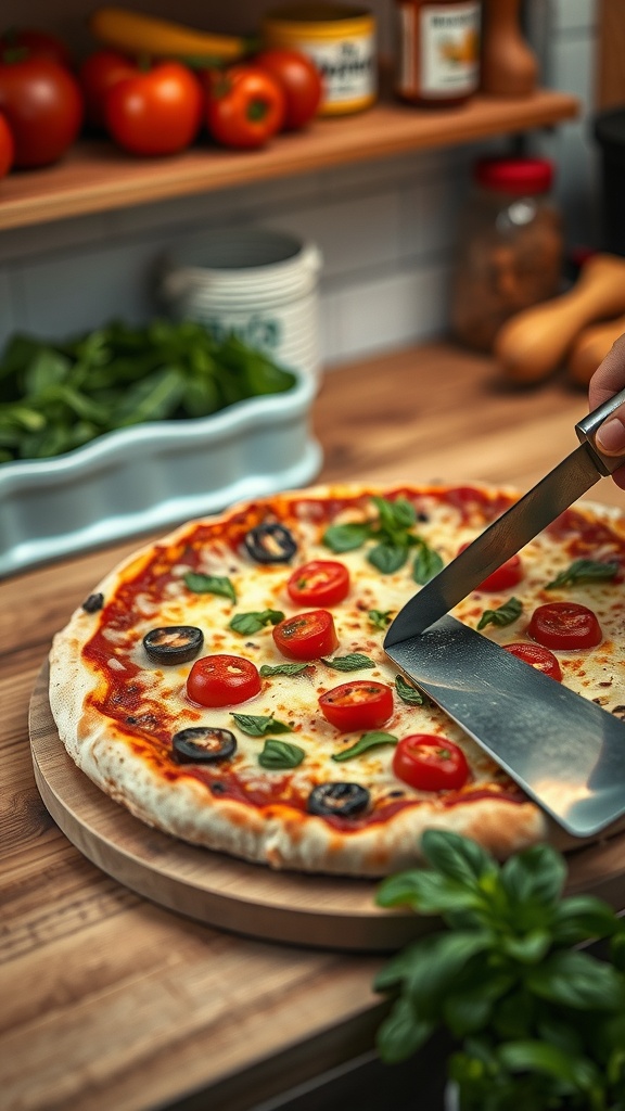 Homemade pizza with fresh toppings being sliced on a wooden board