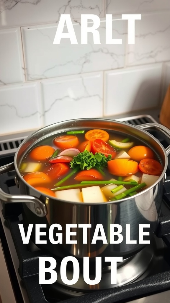 A pot of homemade vegetable broth simmering on the stove with various colorful vegetables.