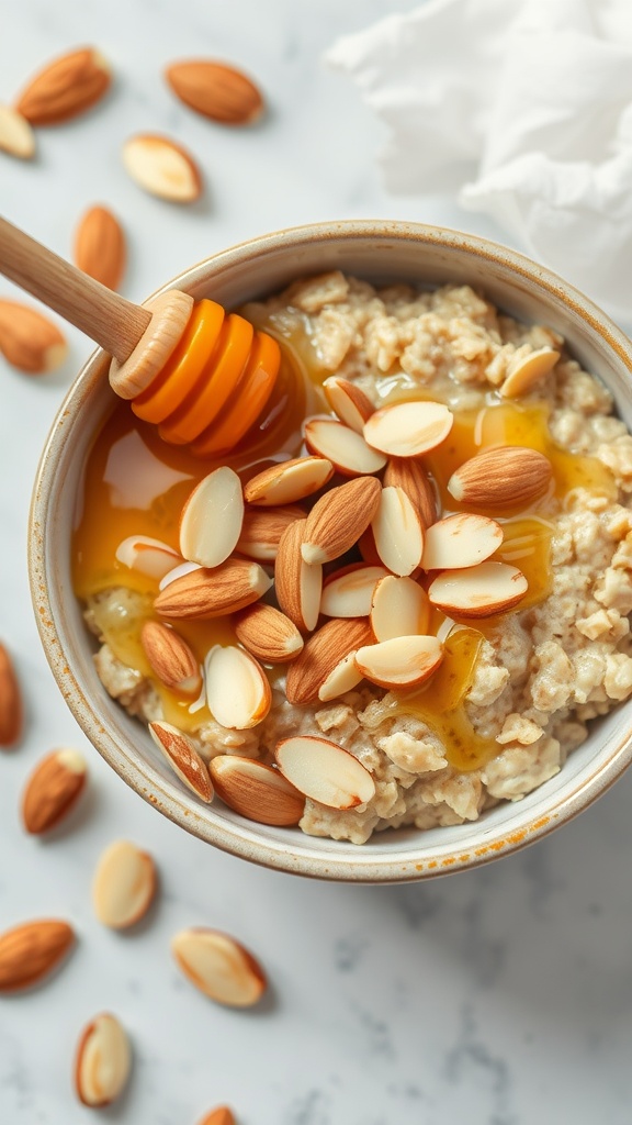 A bowl of oatmeal topped with honey and almonds.