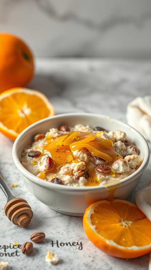 Bowl of Honey Citrus Oatmeal topped with honey and orange slices