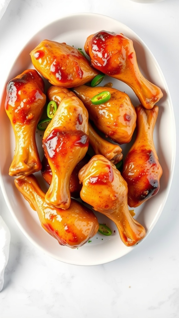 A plate of honey garlic chicken drumsticks coated in a sticky glaze.