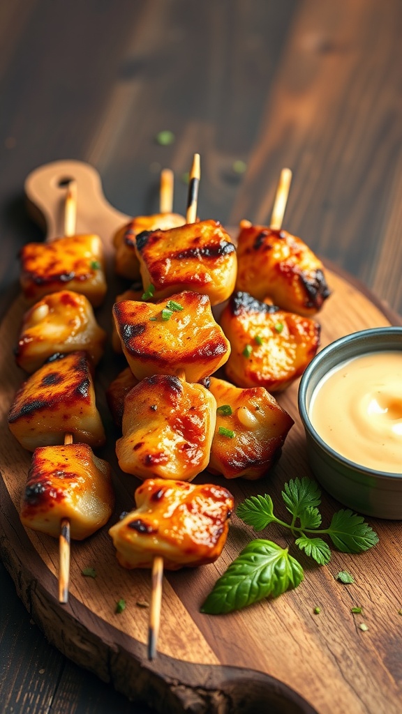 Delicious honey garlic chicken skewers served on a wooden platter