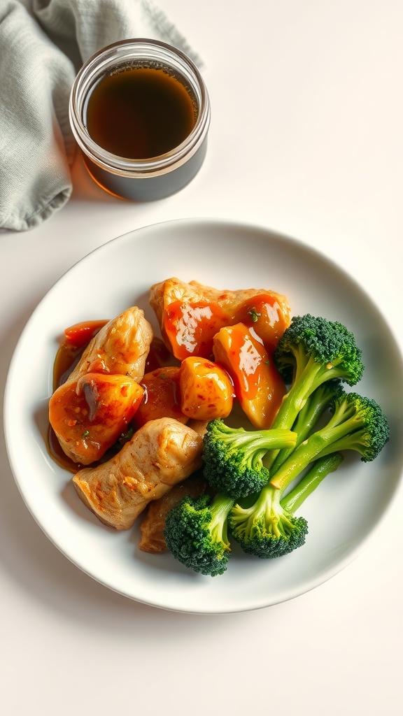 A plate of honey garlic chicken with broccoli