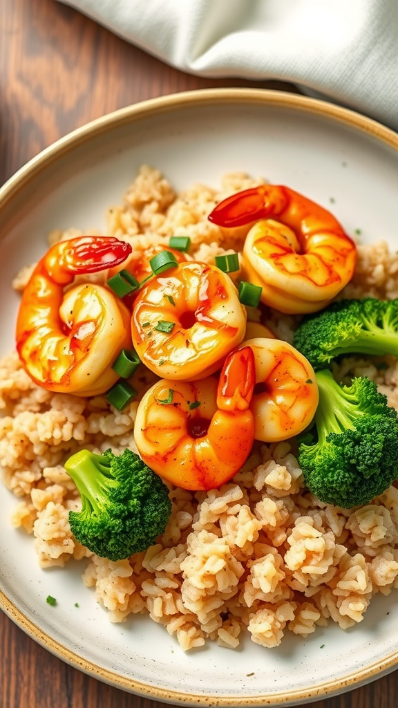 A delicious plate of honey garlic shrimp served over brown rice with broccoli.