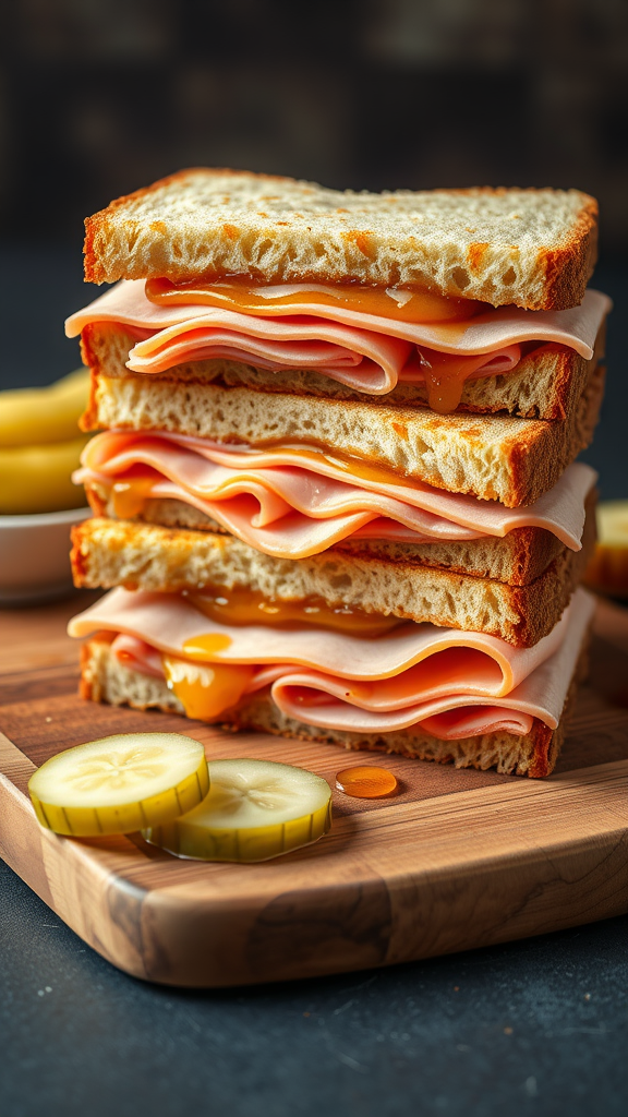 A stack of honey glazed ham sandwiches with pickles on the side.
