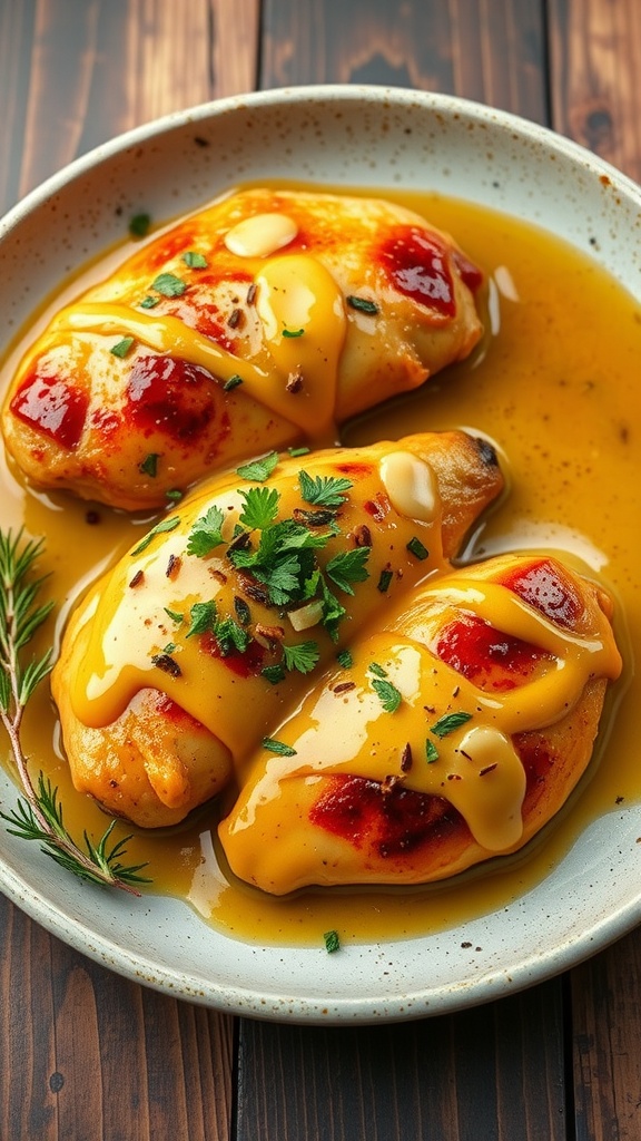 Delicious honey mustard chicken bake served on a plate with herbs