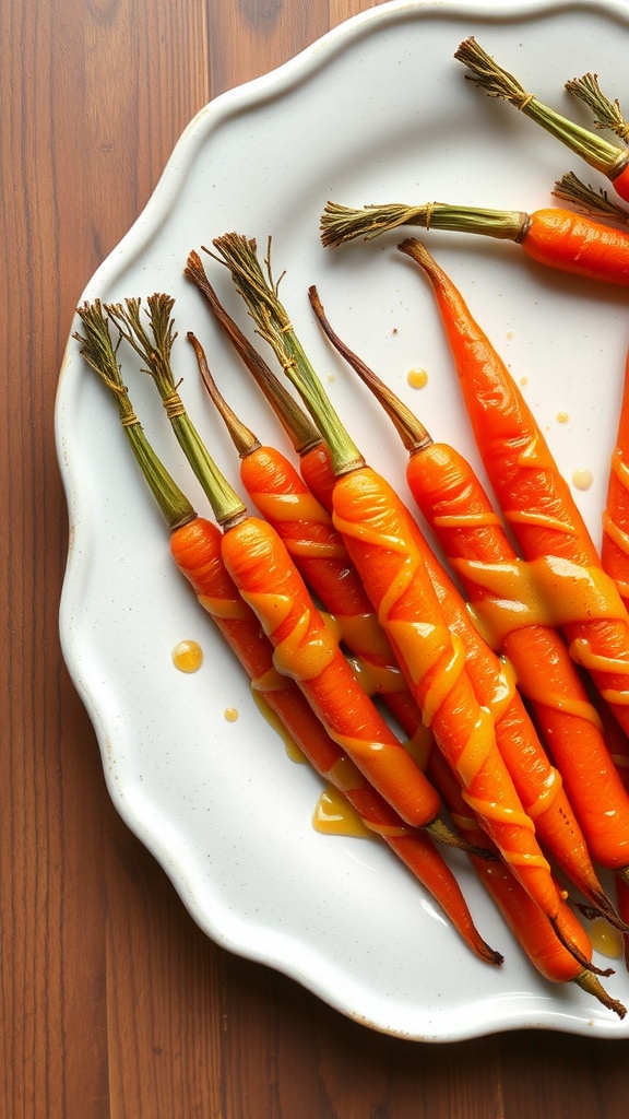 Honey mustard glazed carrots with a shiny glaze and fresh garnish