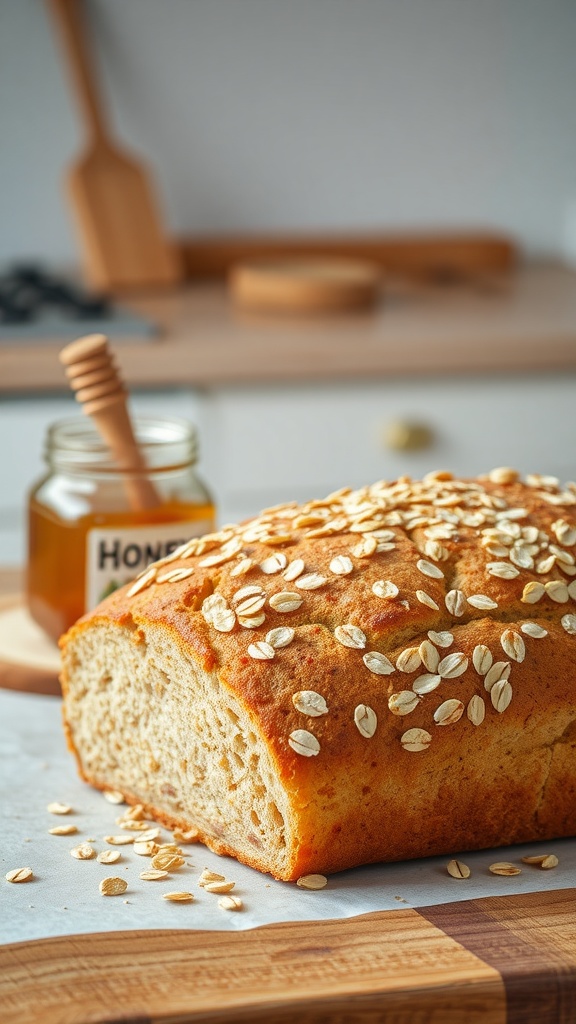 A loaf of honey oat bread topped with oats, surrounded by honey.