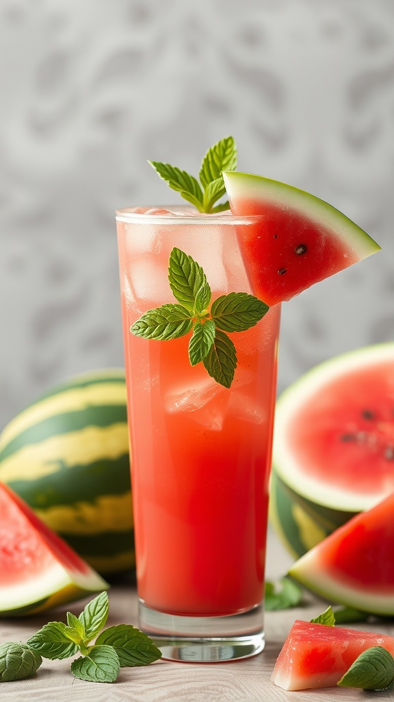 A refreshing Hydrating Watermelon Cooler in a glass with mint leaves and watermelon slices.