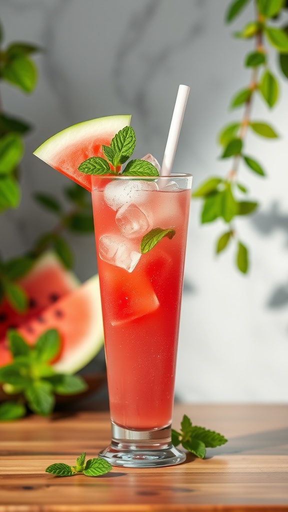 Refreshing watermelon mint drink in a glass with ice