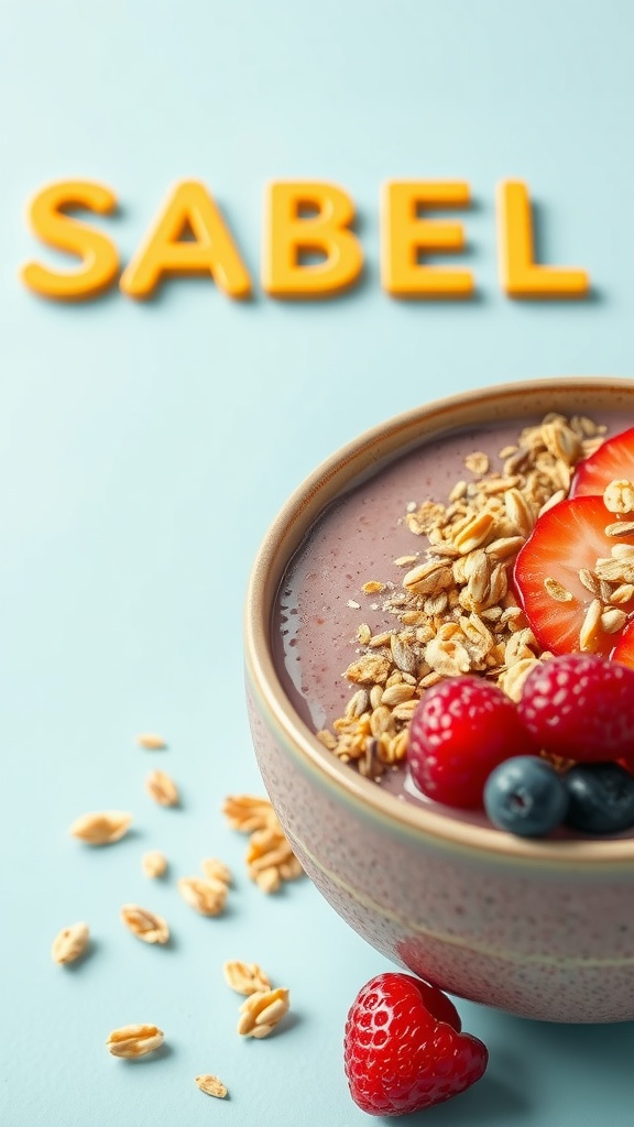 A smoothie bowl topped with granola and fresh berries, with colorful letters in the background.