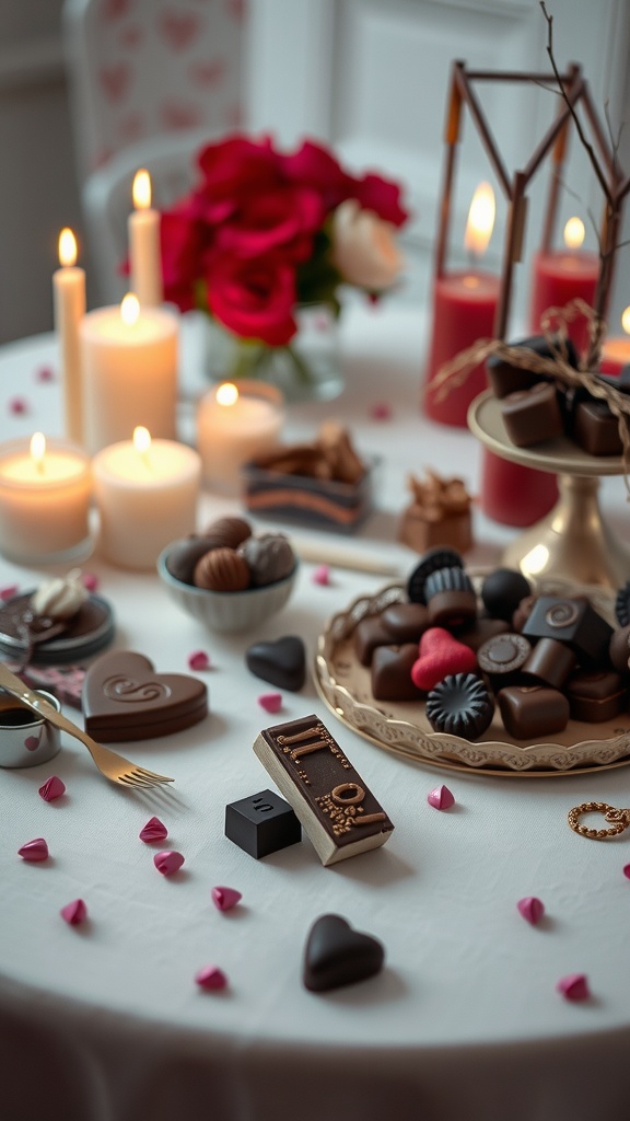 A romantic table setting with chocolate desserts and candles for Valentine's Day.
