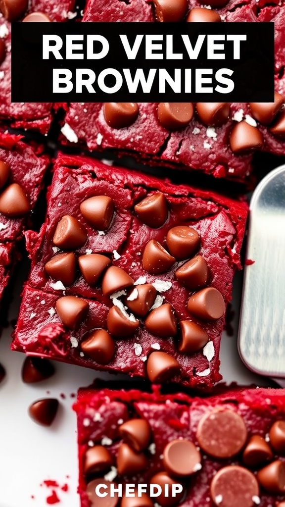 Decadent red velvet brownies with cream cheese swirl on a rustic wooden table, garnished with raspberries.