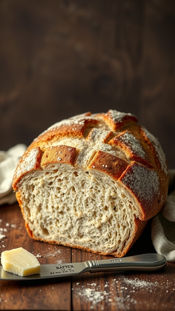 A freshly baked loaf of Irish soda bread with a crusty top and a slice cut out, accompanied by butter.