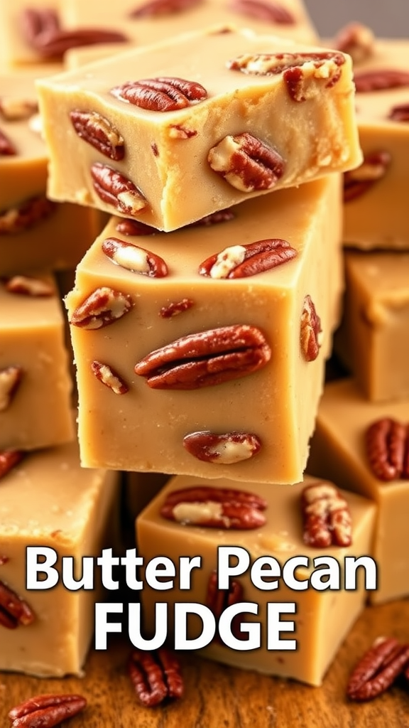 Delicious butter pecan fudge squares with caramel drizzle and pecans on a rustic wooden table.