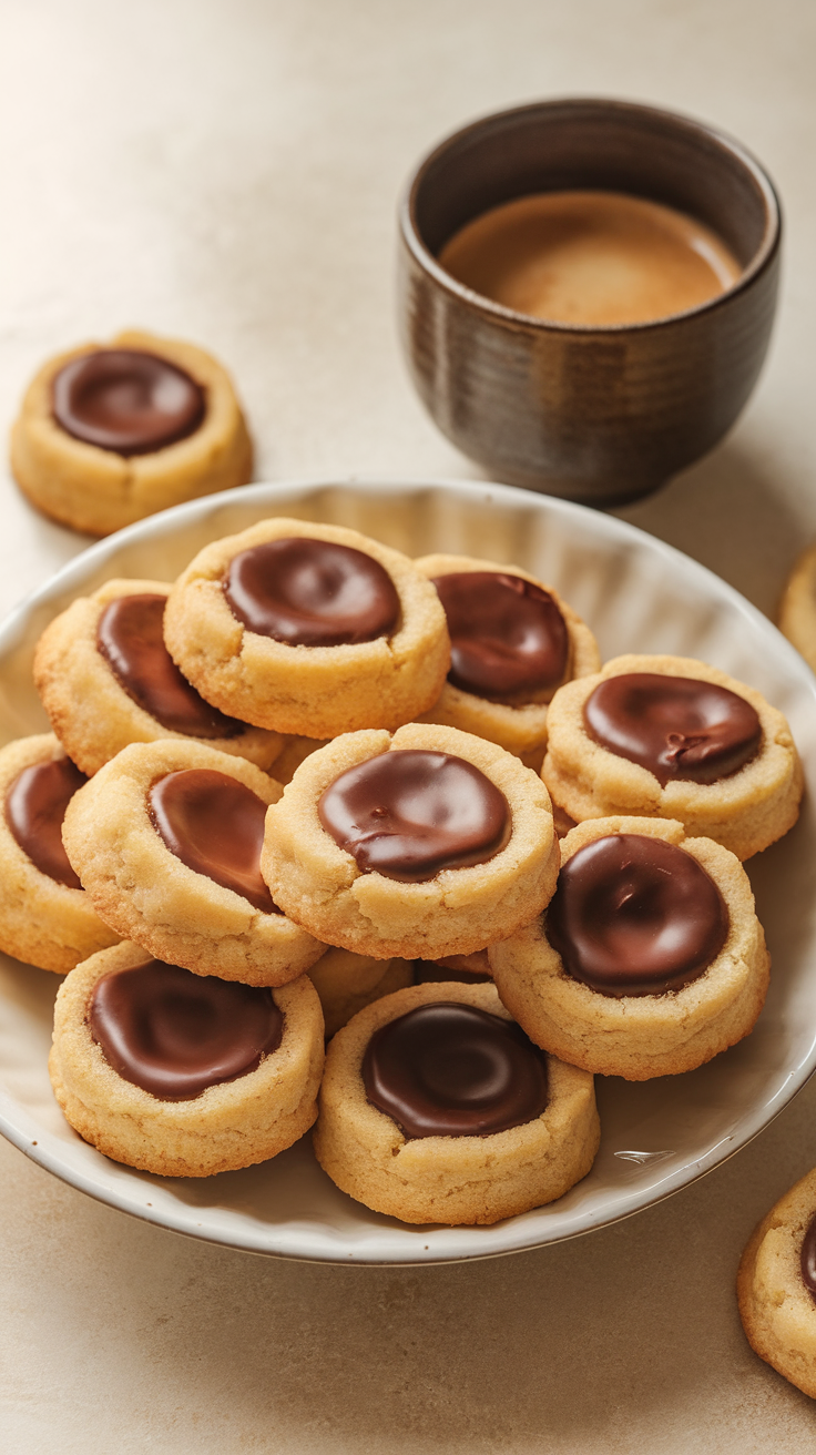 A plate of chocolate thumbprint cookies with a cup of coffee