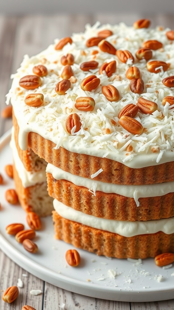 Layers of Italian cream cake topped with coconut and pecans