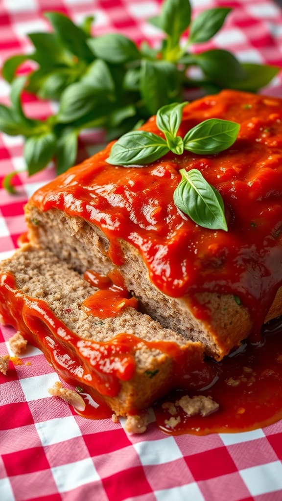 A delicious Italian Herb Meatloaf topped with marinara sauce and fresh basil, served on a checkered tablecloth.